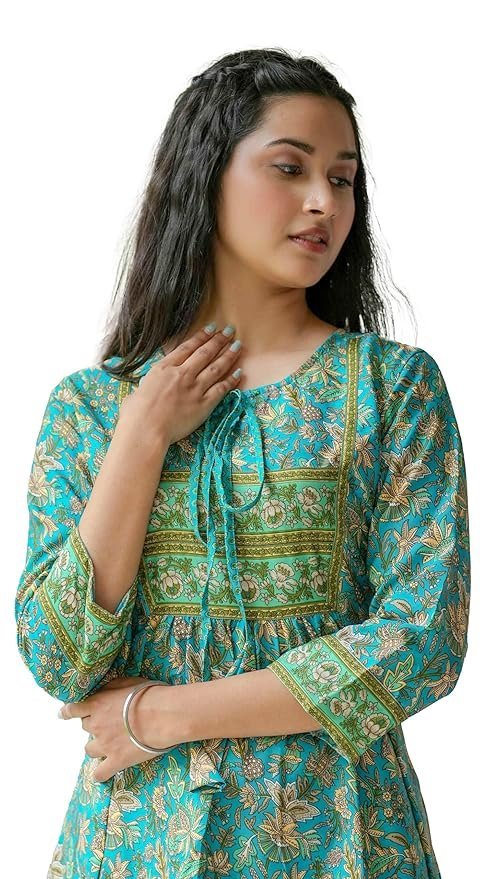 81JYbFsYXvL._SY879_.jpg Polyester Women's Floral Placement 3/4 Sleeve and Keyhole Neck Printed Short Kurti - Image 1