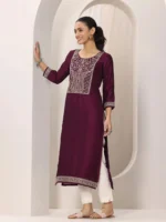 Wine Yoke Design Silk Kurta - Image 2