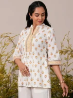 White Printed Cotton Straight Kurti - Image 3