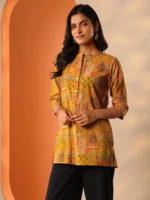 Mustard Printed Silk Blend Straight Short Kurti - Image 2