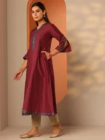 Maroon Embroidered Silk Blend A-Line Kurta - Image 3