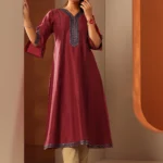 Maroon Embroidered Silk Blend A-Line Kurta