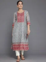 Grey Printed Chanderi Silk Straight Kurta - Image 3