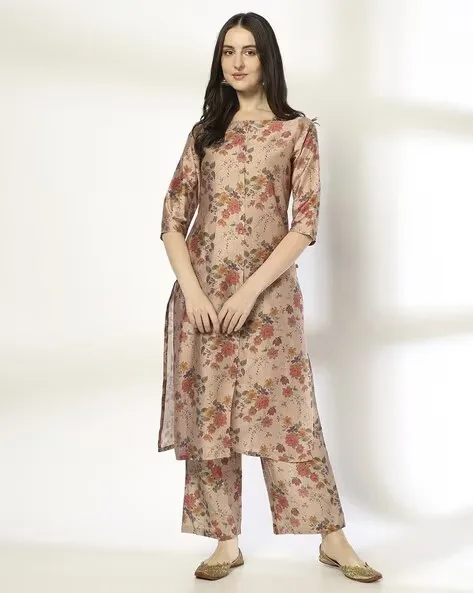 473Wx593H-443060722-khaki-MODEL.webp Women Floral Print Straight Kurta - Image 1