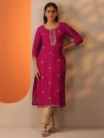 Pink Embroidered Silk Blend Straight Kurta