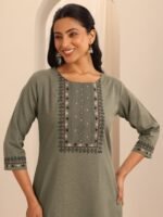 Taupe Printed Cotton Blend Straight Kurta - Image 4