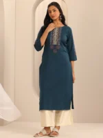 Navy Printed Cotton Blend Straight Kurta - Image 4