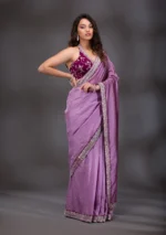 Lavender Threadwork Raw Silk Saree - Image 4