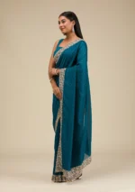 Peacock Blue Threadwork Soft Silk Saree - Image 3