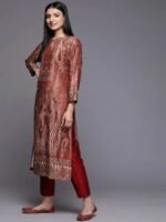 Rust Printed Velvet Straight Kurta - Image 2