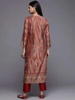 Rust Printed Velvet Straight Kurta - Image 4