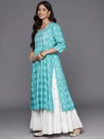 Turquoise Blue Embellished Rayon A-Line Kurta - Image 2